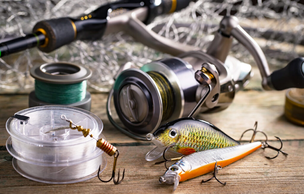 A selection of fishing gear on a table. 