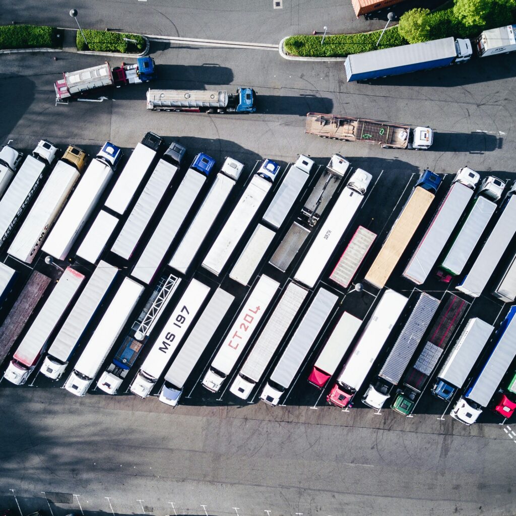 A fleet of shipping trucks. 