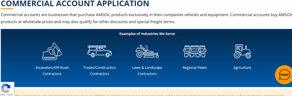A screenshot of the AMSOIL Commercial Account Application page.